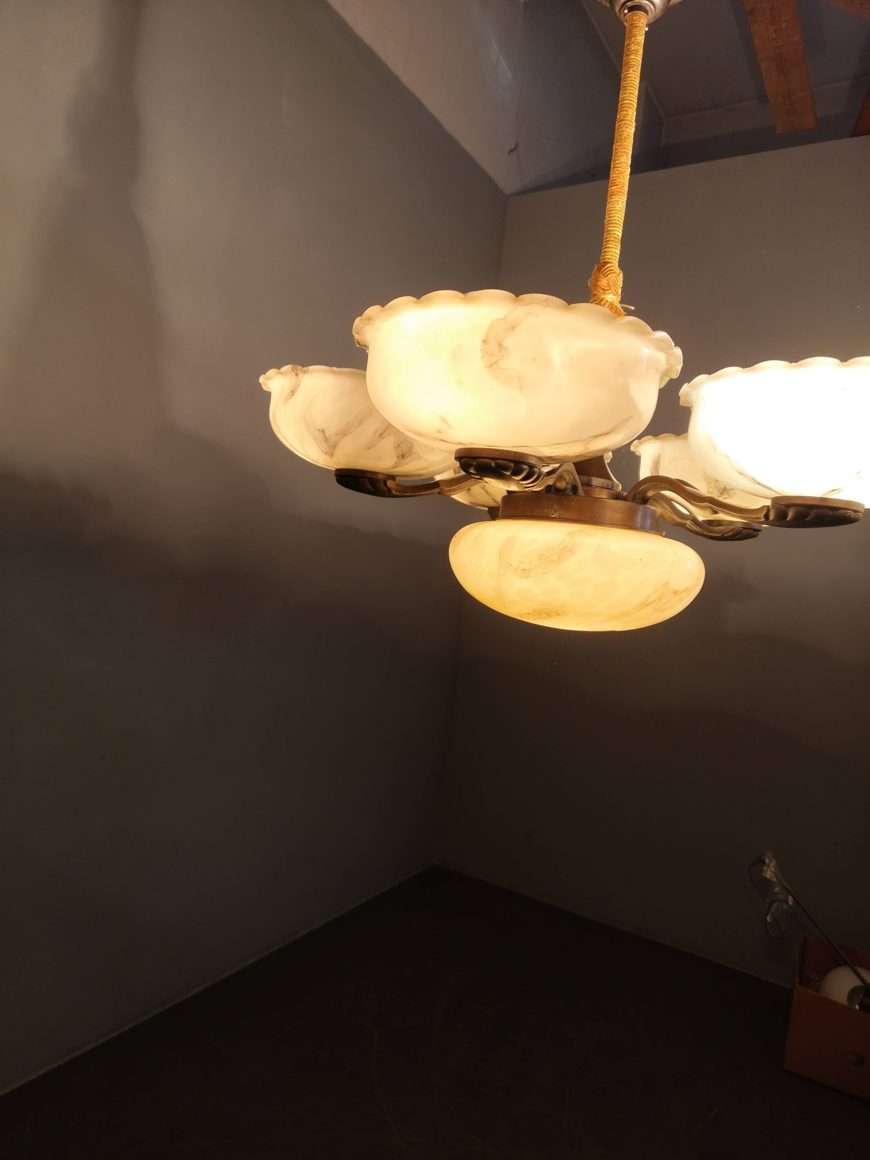 1940s Czech Art Deco Brass Opaline Glass Chandelier