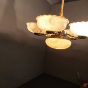 1940s Czech Art Deco Brass Opaline Glass Chandelier