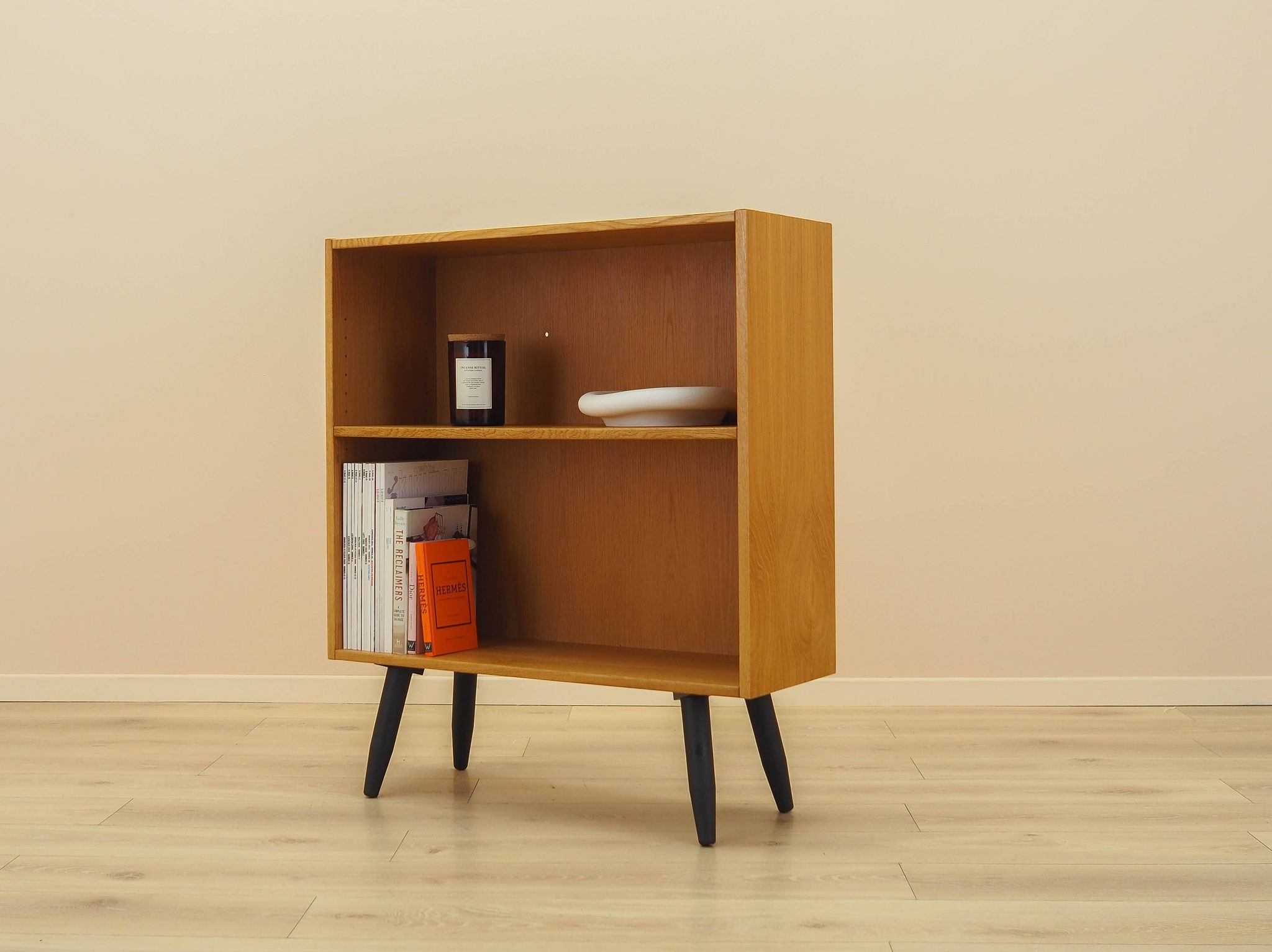 Ash shelving unit on splayed legs, Denmark, 1960s