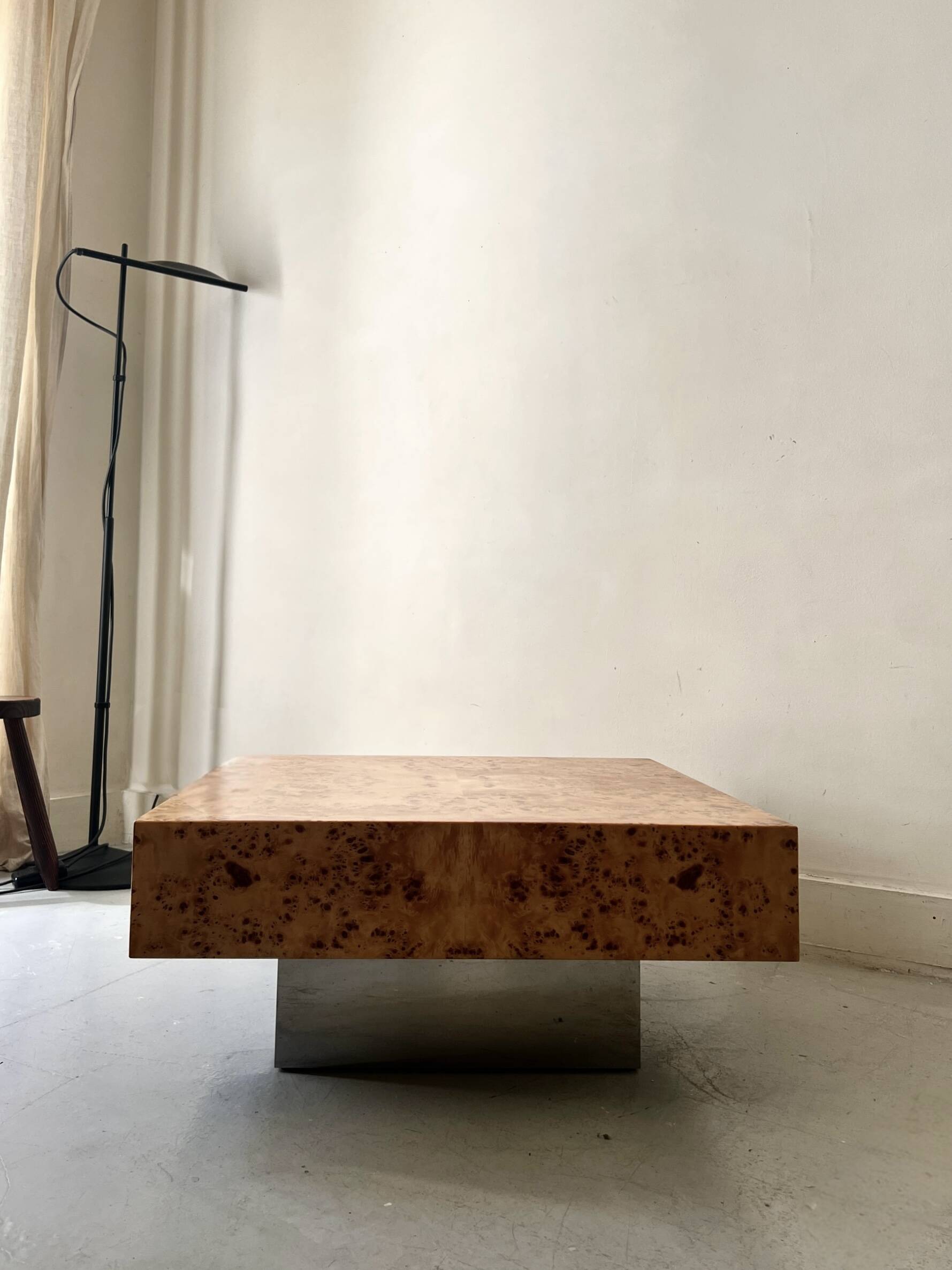 Square designer coffee table in elm burl and chrome, JC Mahey 1970