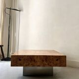 Square designer coffee table in elm burl and chrome, JC Mahey 1970