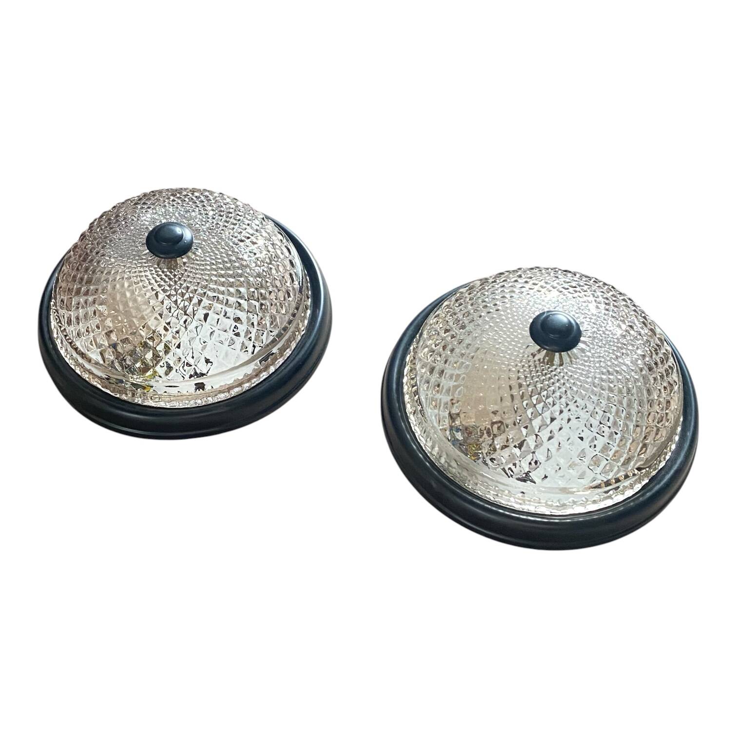 Small pair of vintage ceiling sconces in glass and black metal.