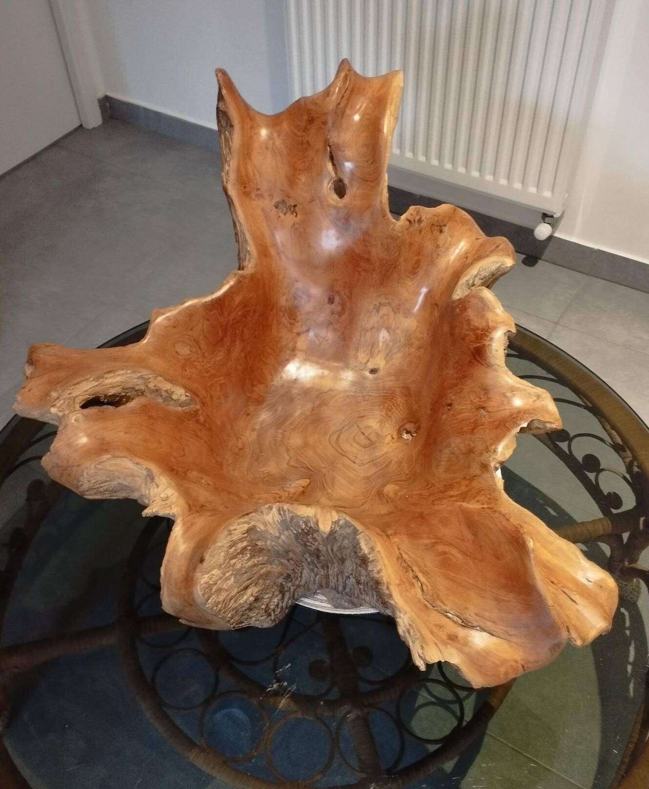 Sculptural wooden centrepiece, organic bowl, brutalist.