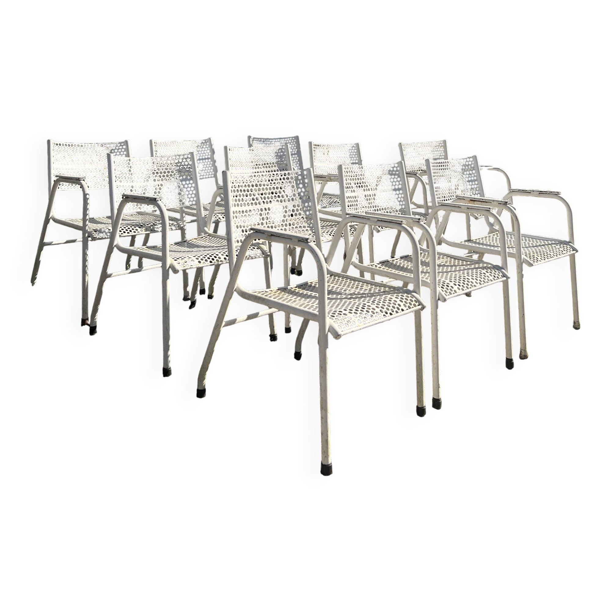 Set of 10 perforated metal garden chairs