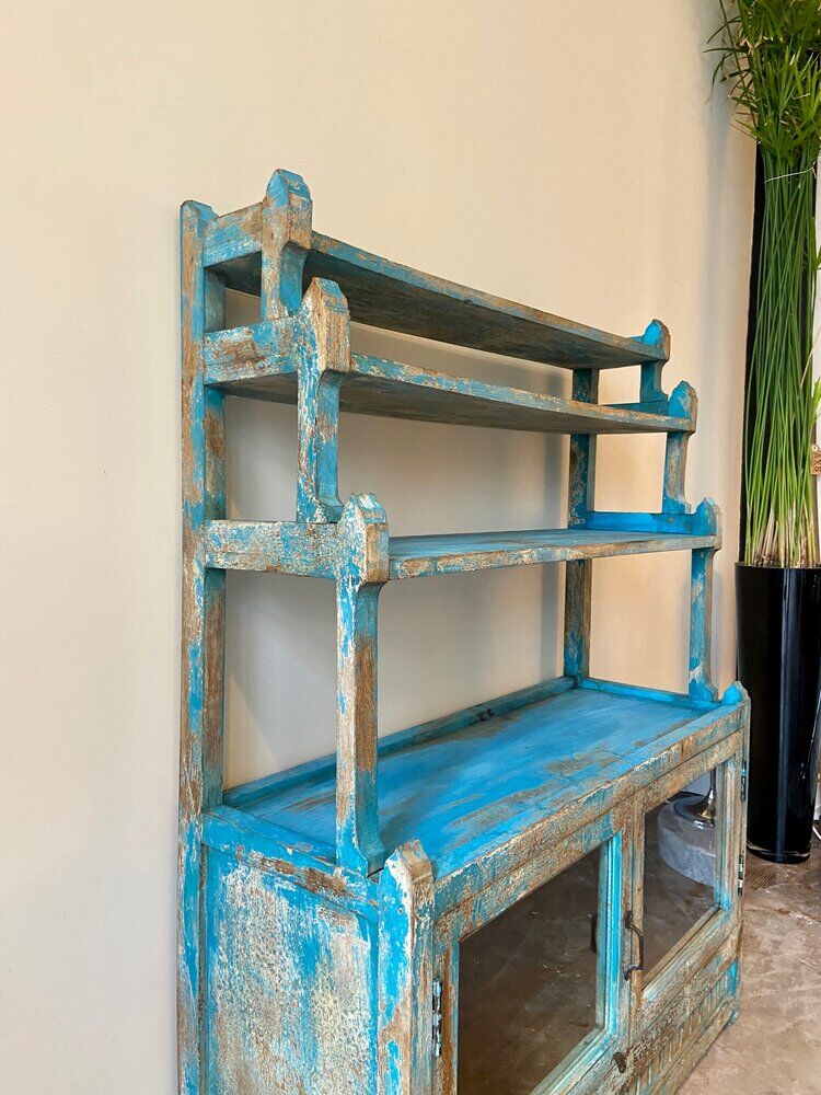 Sideboard 4 shelves and 2 glass doors in blue wood