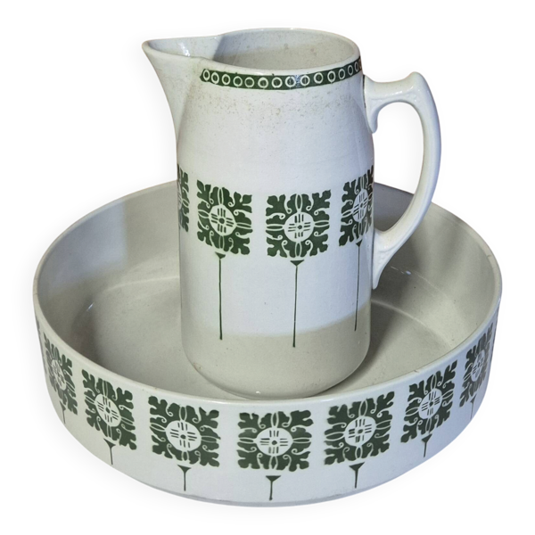 broc et cuvette badonviller modele sofia ceramique blanche motifs vert