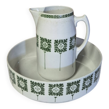 Basin and bowl Badonviller model Sofia white ceramic with green patterns.