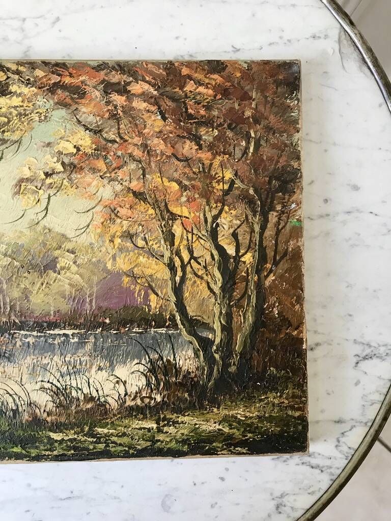 Oil painting on canvas river forest autumnal landscape signed
