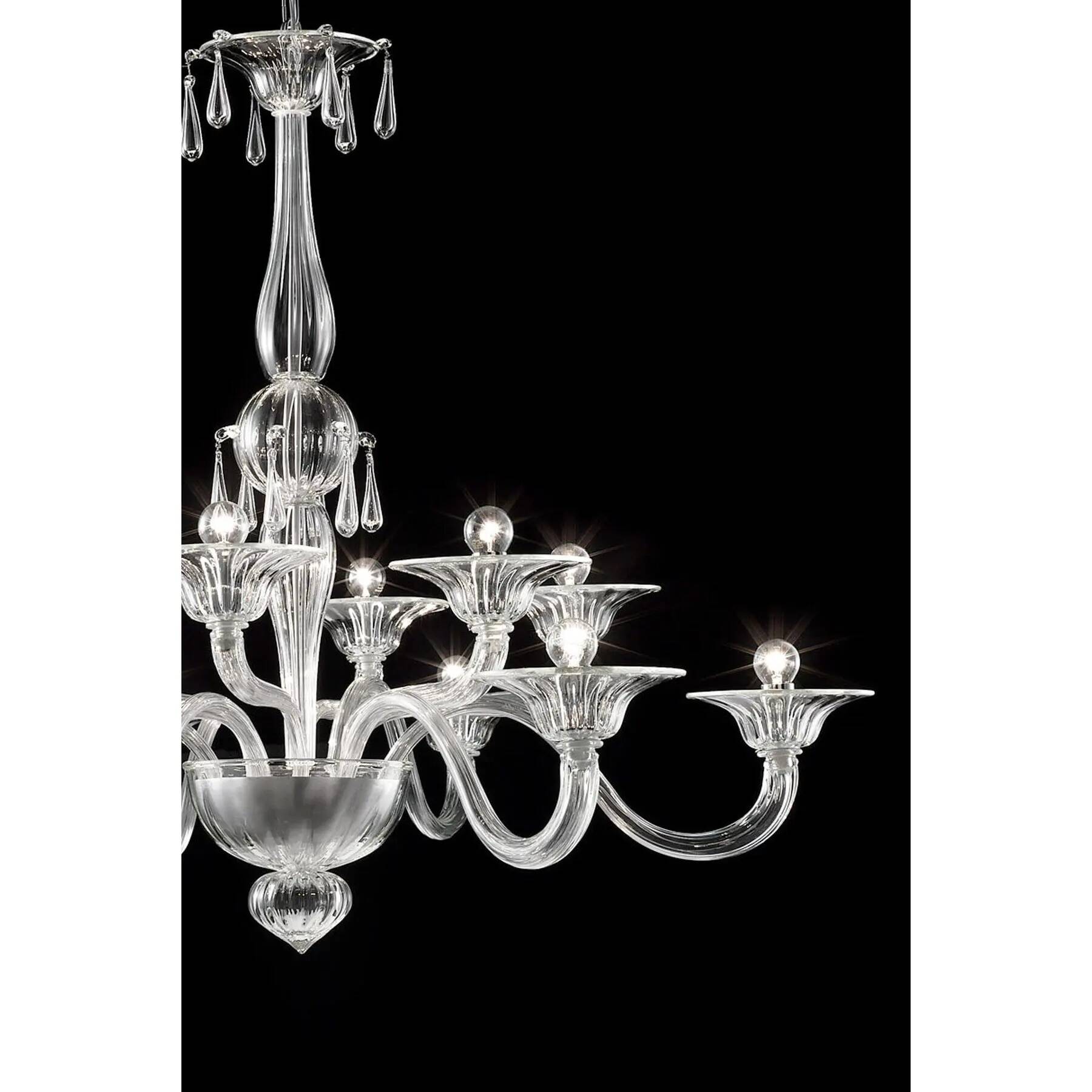 Chandelier en verre de Murano vénitien transparent élégant