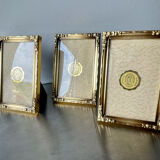 Set of 3 vintage identical gold colored metal picture frames convex glass