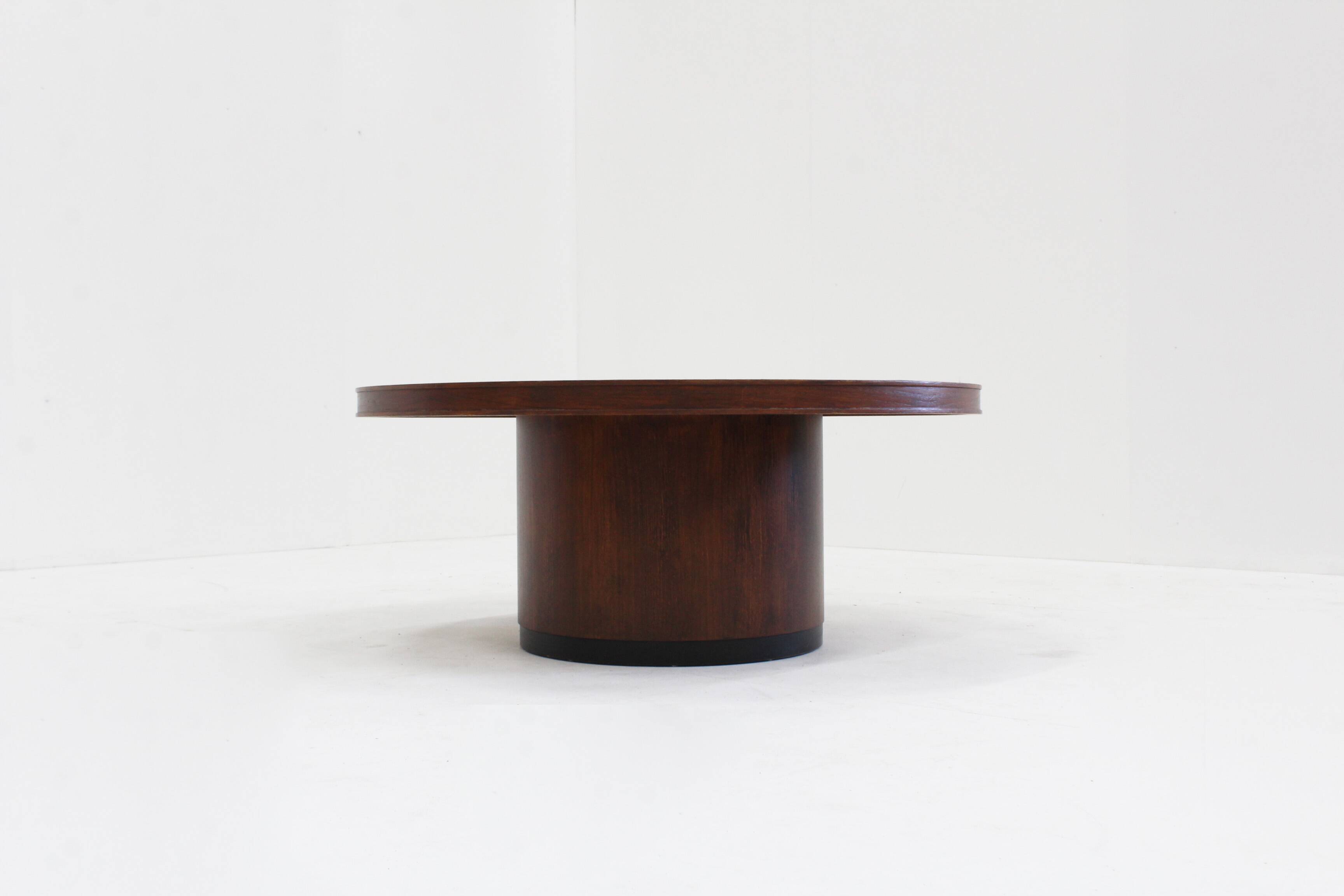 Vintage brutalist copper and wood round coffee table 1970s