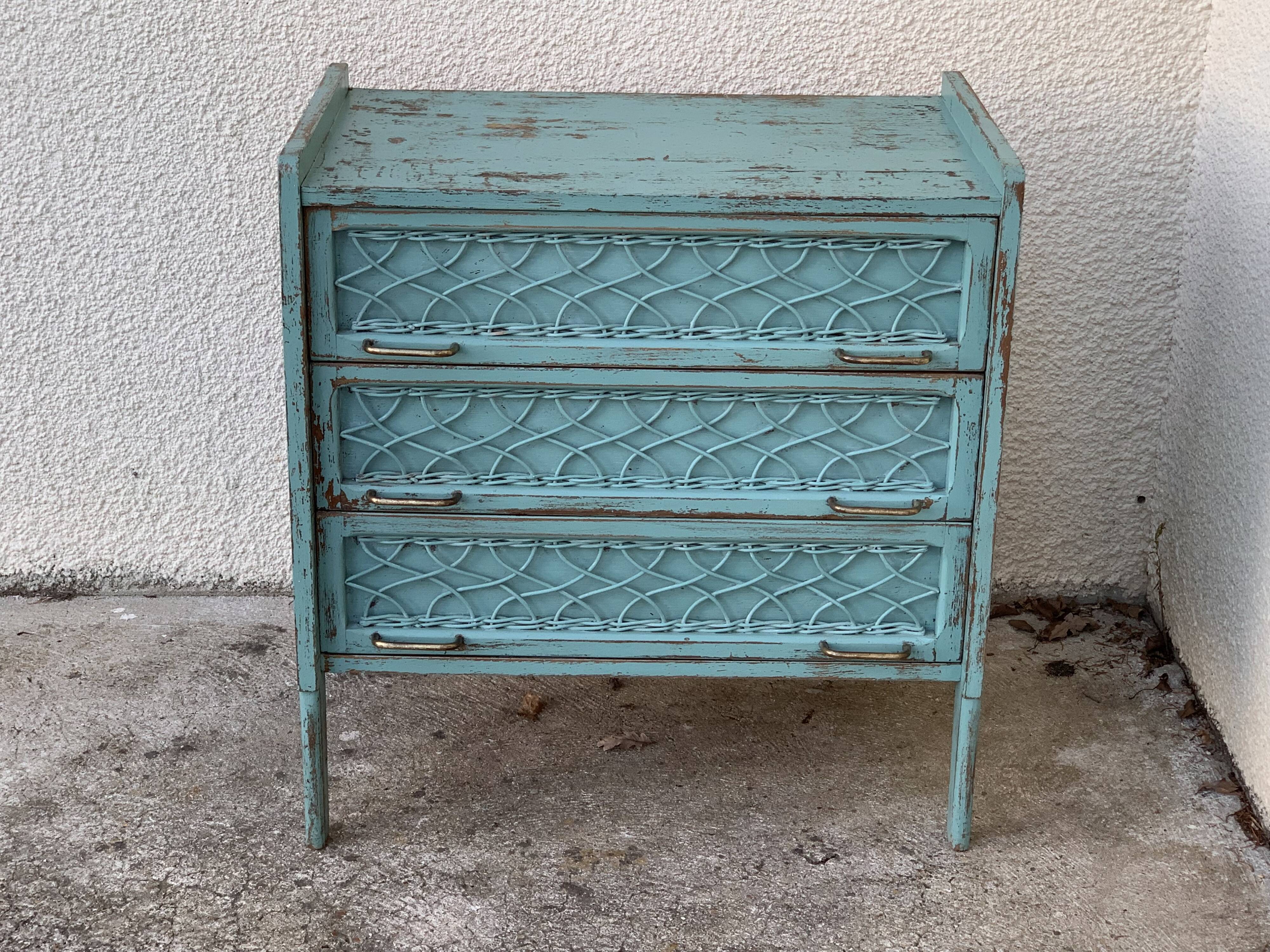 Vintage chest of drawers wood and rattan patina turquoise 1950