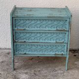 Vintage chest of drawers wood and rattan patina turquoise 1950