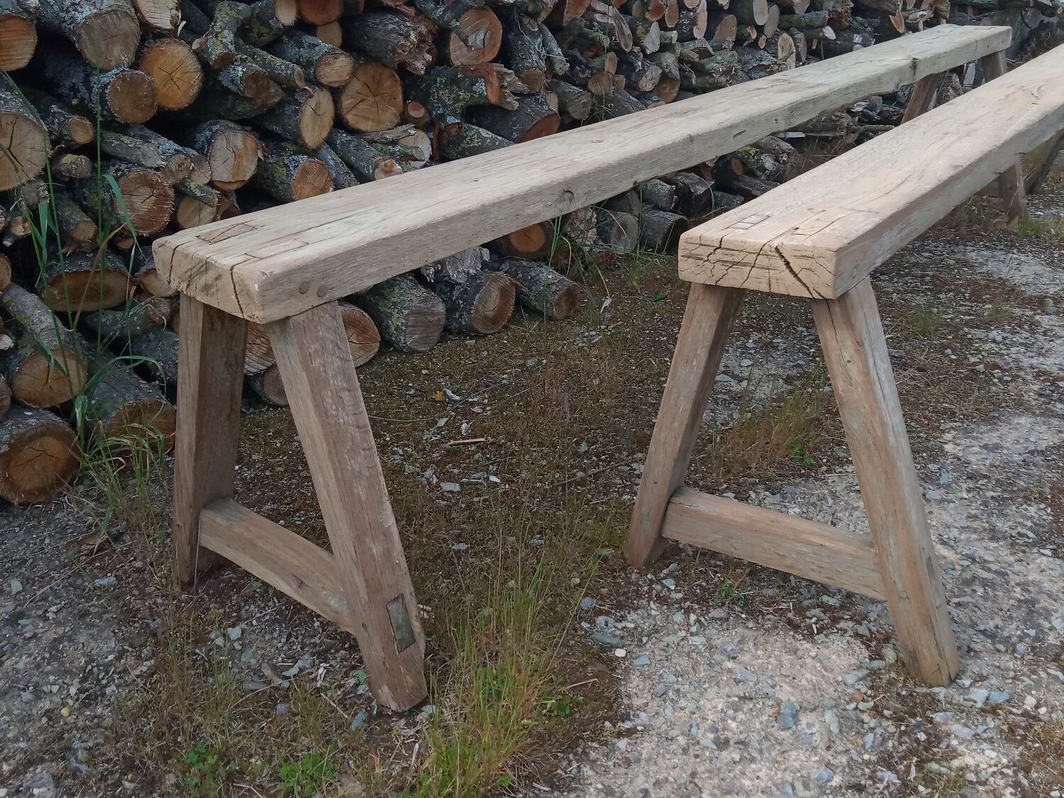 Pair of oak farmhouse benches 228 cm