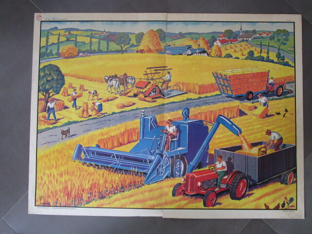 Old school pedagogical poster double-sided-a la plage-l'été la moisson