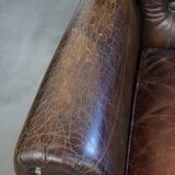 Set of 2 Cognac Brown Grained Cowhide Leather Chesterfield Armchairs