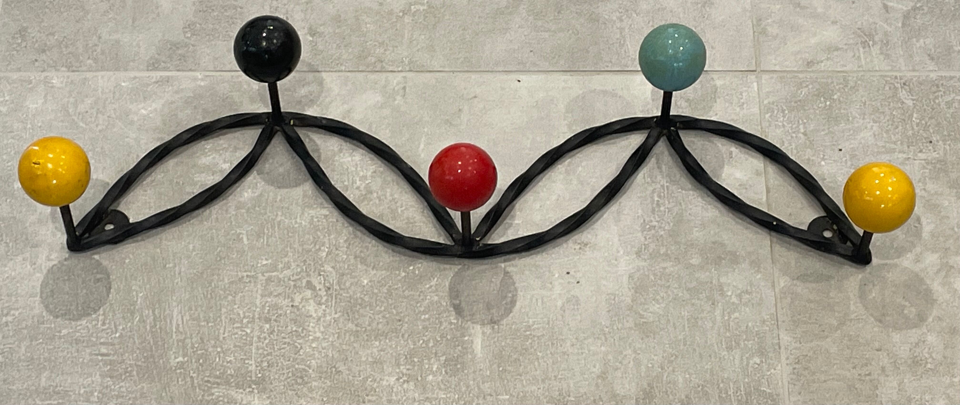 Coat rack hook 5 twisted multicolored balls circa 1960