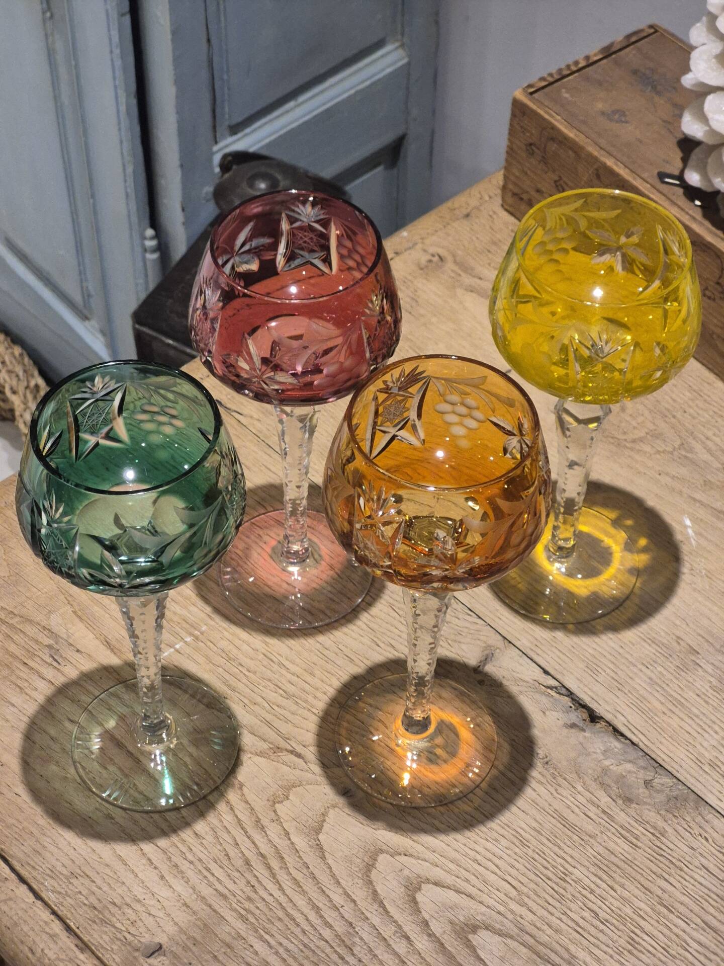 Set of 4 vintage coloured cut crystal wine glasses
