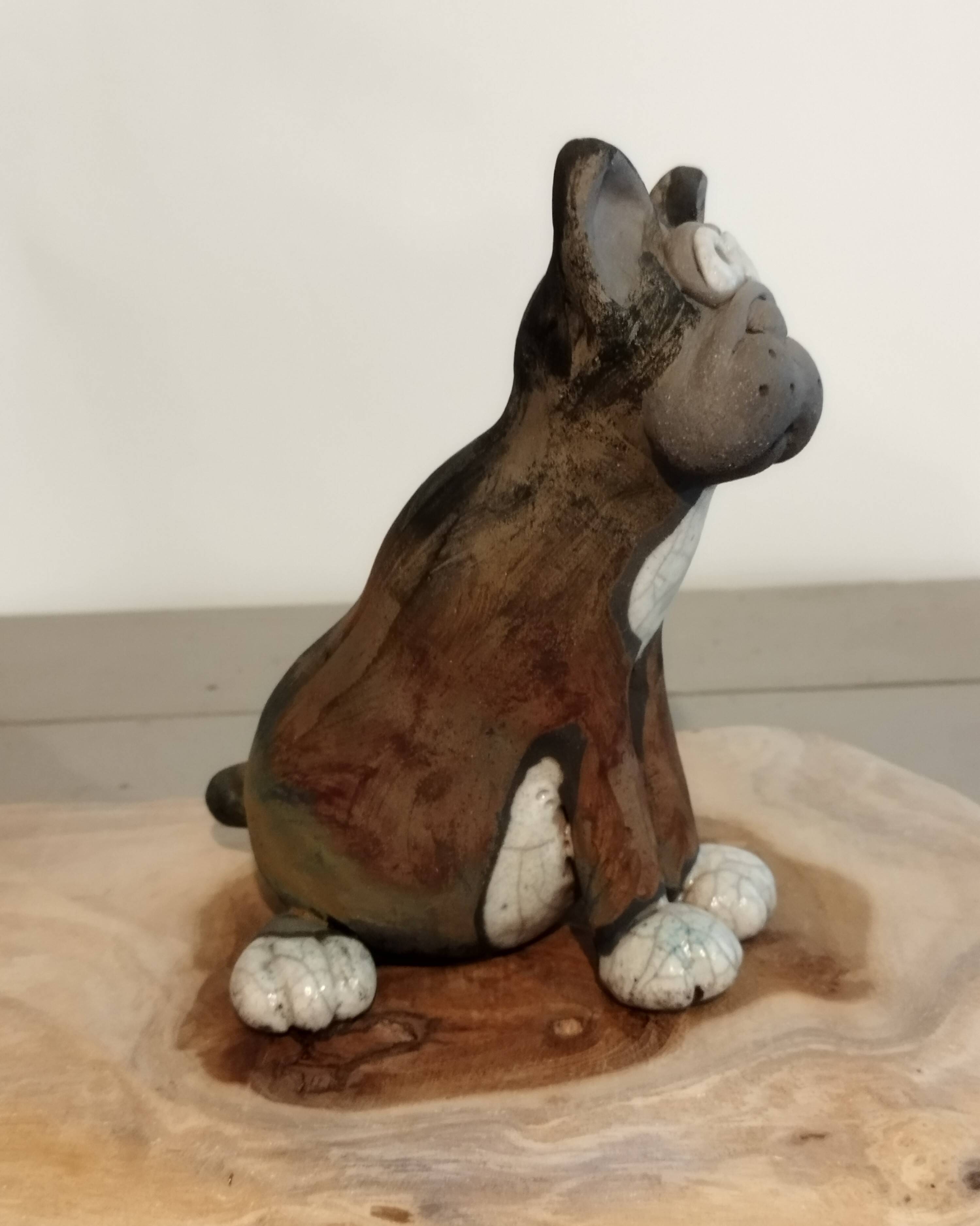 Raku ceramic dog sculpture, unique piece.