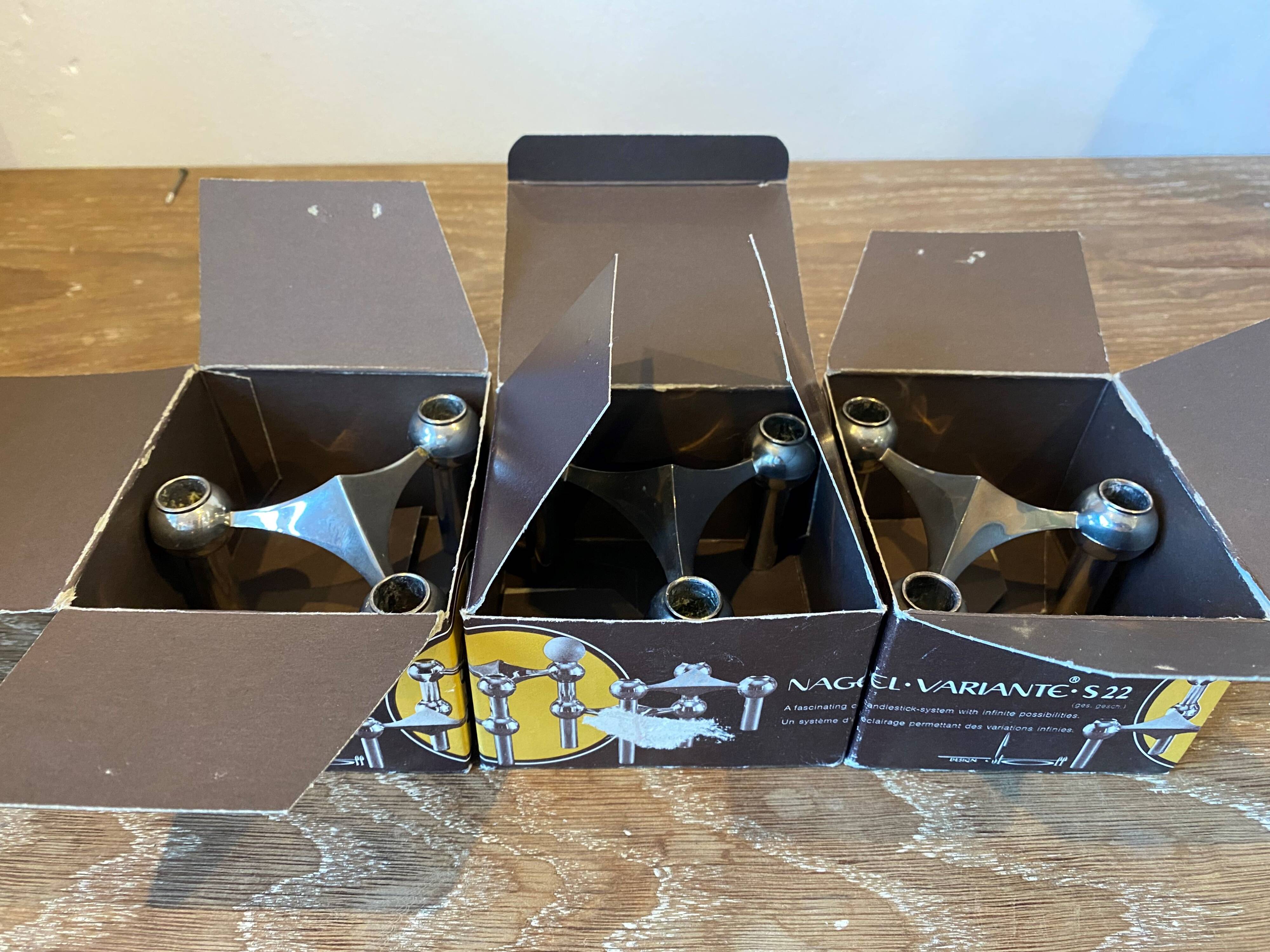 Series of 3 nagel s22 modular candlesticks with their original vintage box 1970