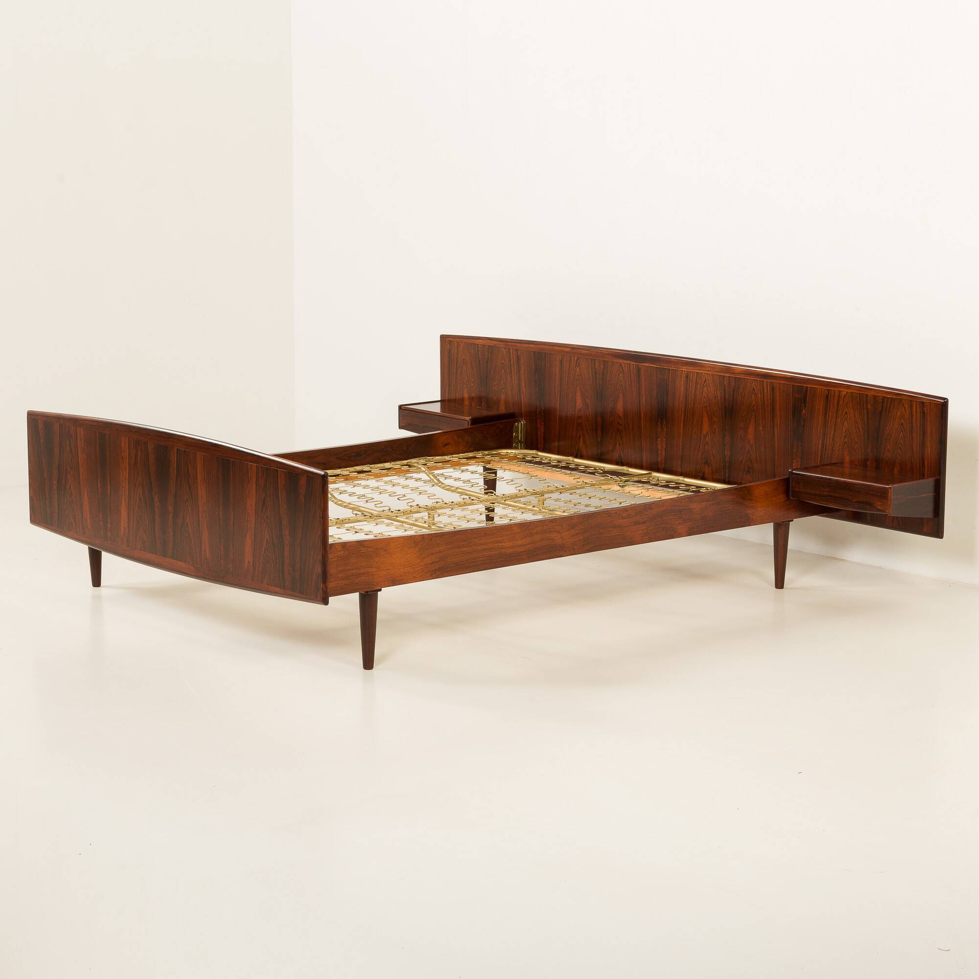Scandinavian rosewood queen-size bed with bedside tables, Sannemanns, 1960s