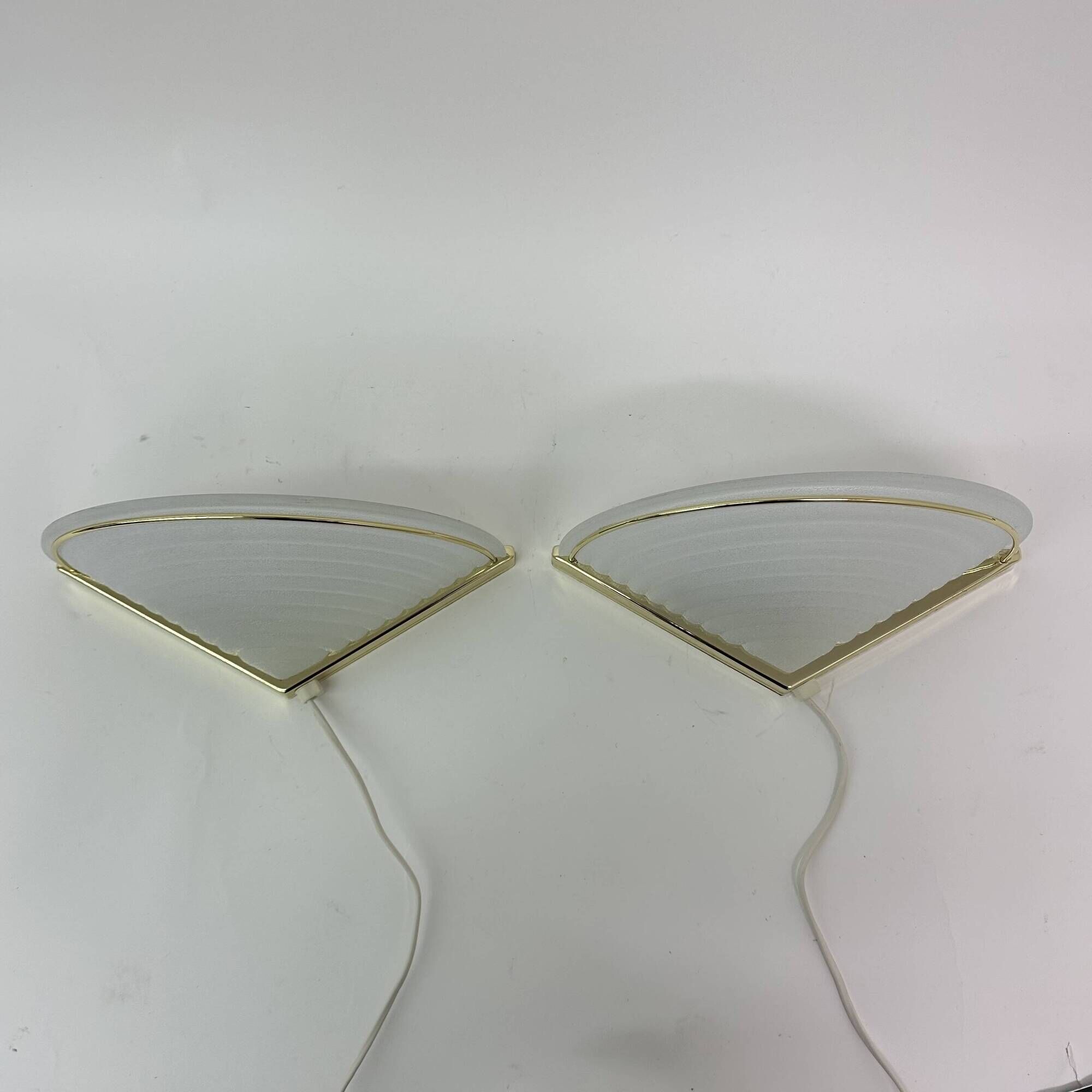 Set of 2 vintage glass wall lamps with golden holder , 1970’s