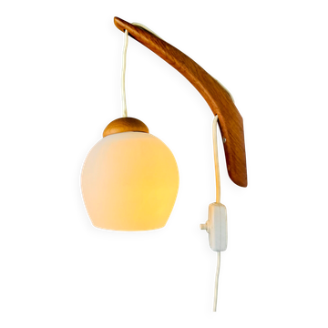 Floating Wall Lamp In Teak And Opaline Glass By Uno & Östen Kristiansson For Luxus, Sweden 1960S