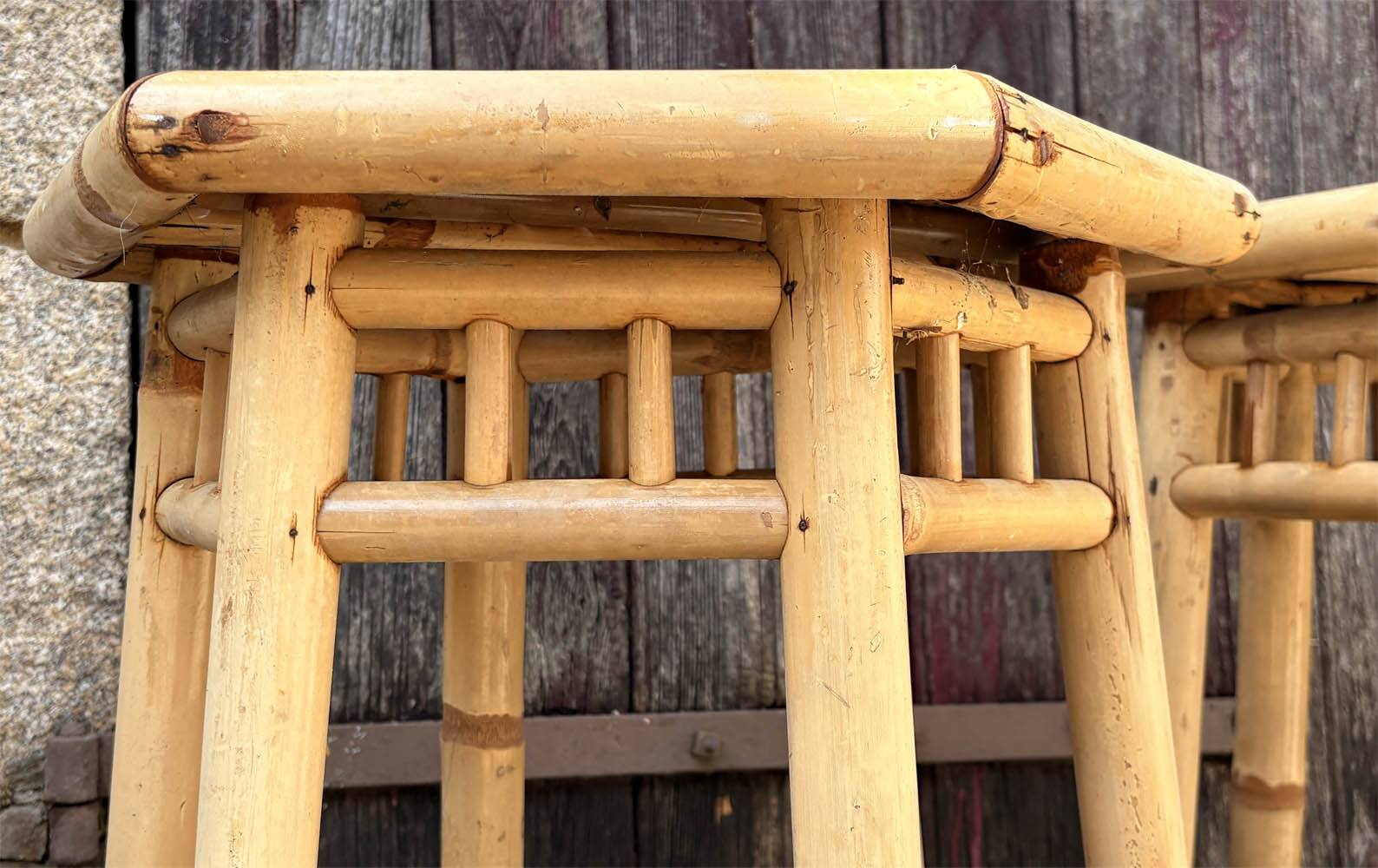 Two high bamboo stools – hexagonal top, vintage, 1970s