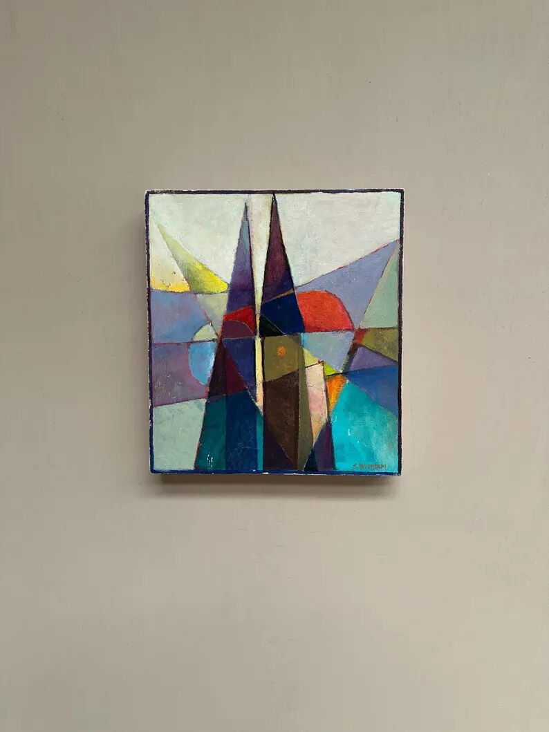 Oil on Swedish panel – 'Geometric Composition' by Stellan Widholm – Signed – vintage and framed – 35 × 32 × 5 cm