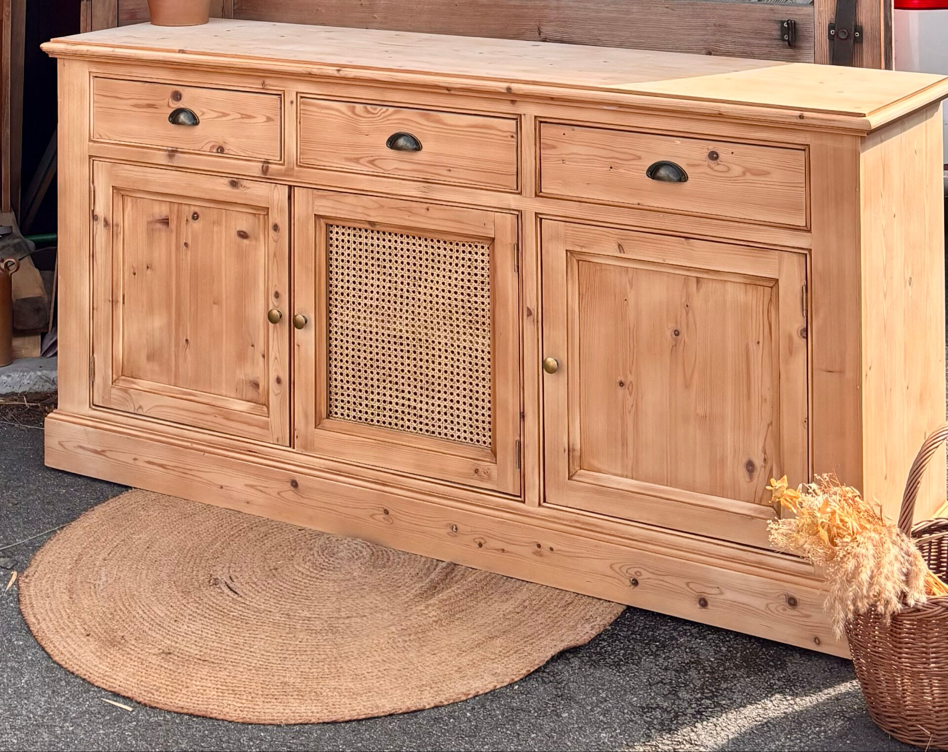 Renovated solid raw wood and cane sideboard - 3-door buffet