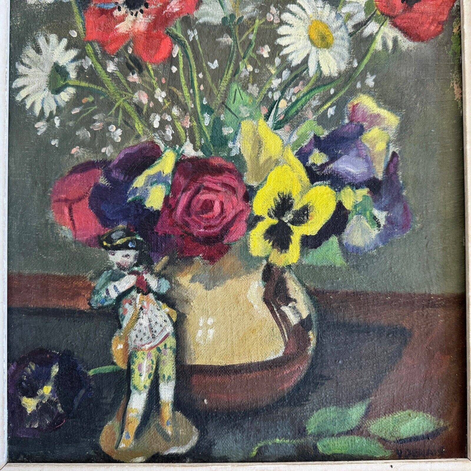 Oil on canvas still life with flowers and statuette 1920