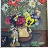 Oil on canvas still life with flowers and statuette 1920