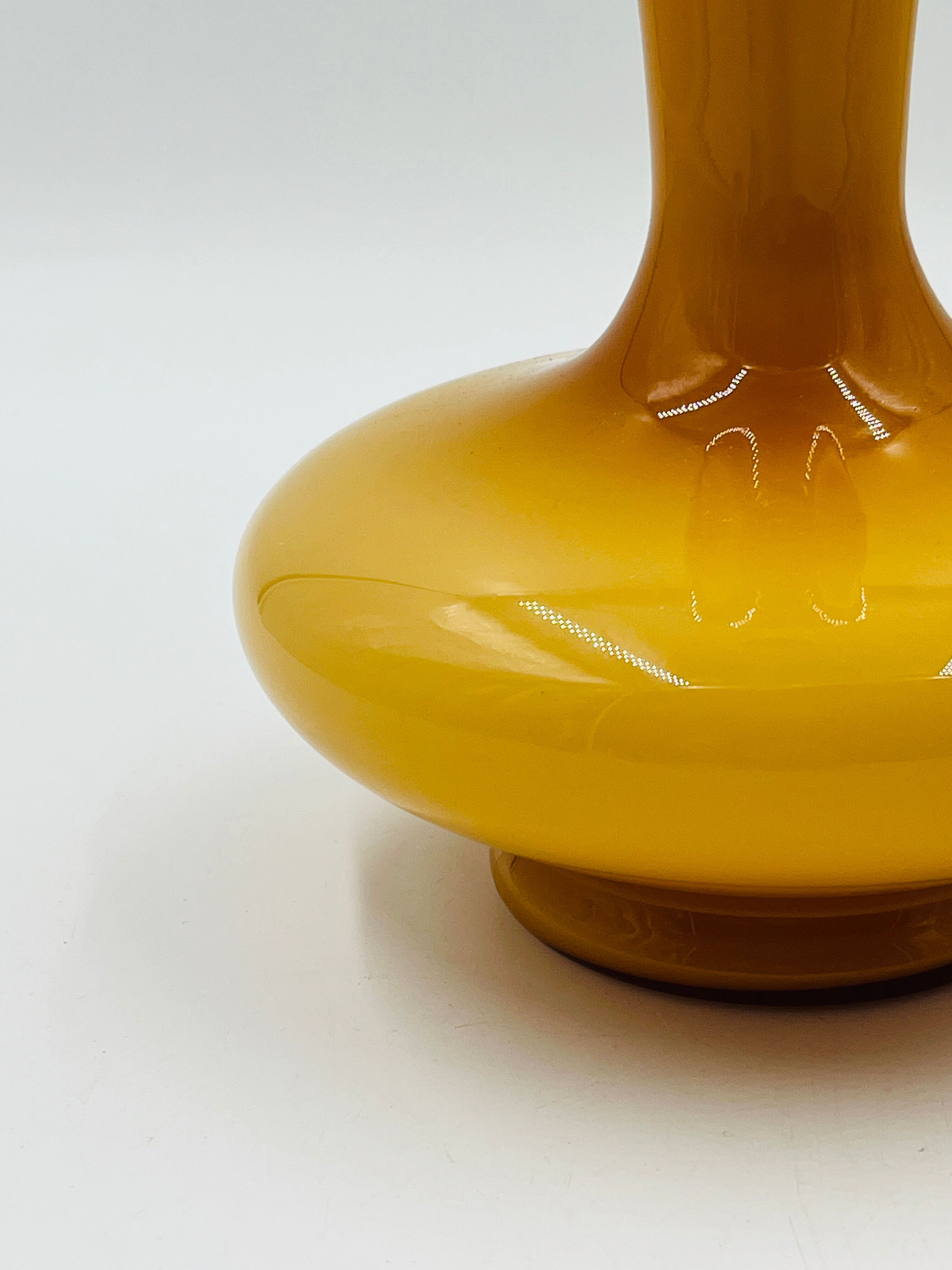 Vintage ochre opaline vase with a fluted neck
