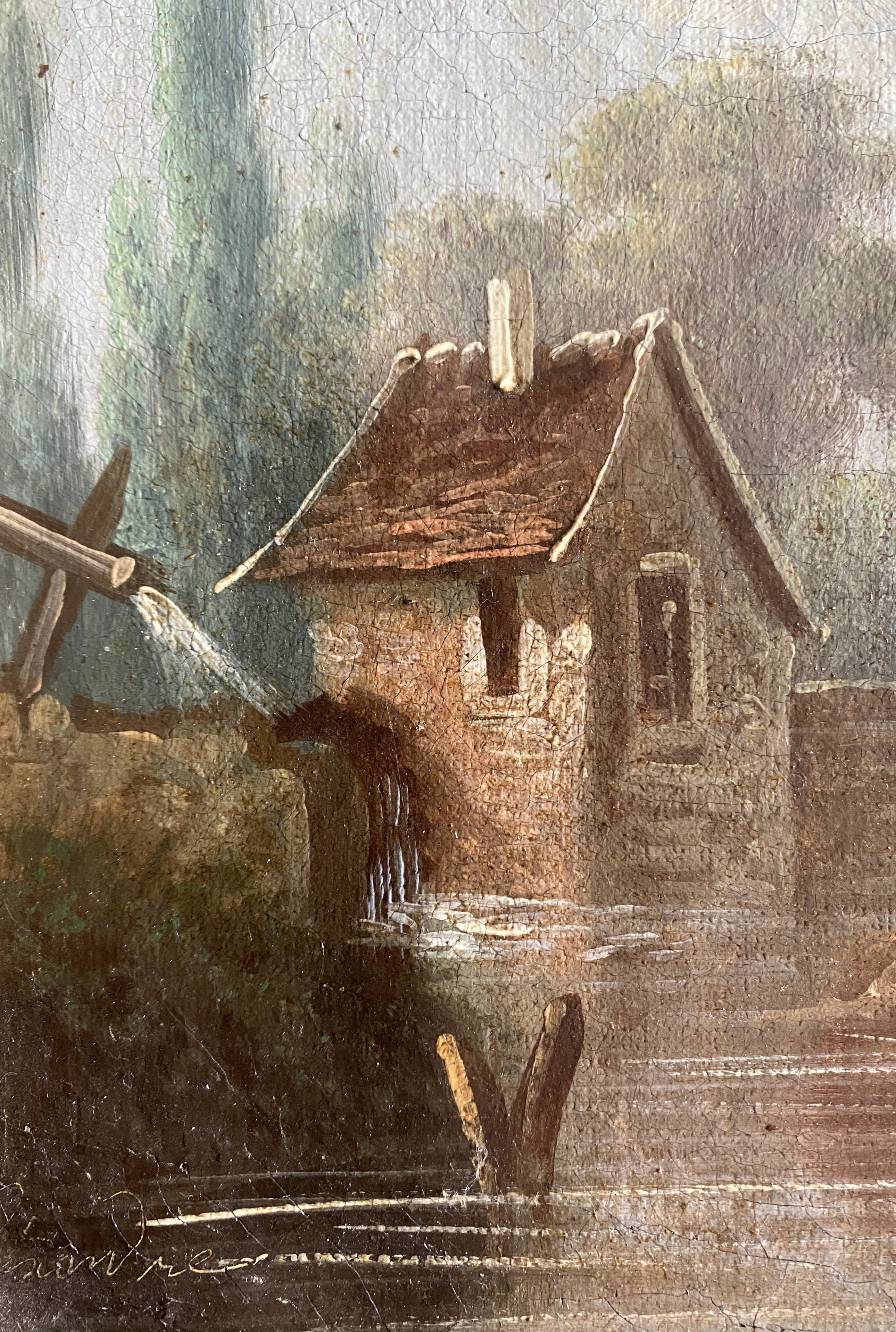 HST/P painting "Animated Barbizon landscape at the river" signed to be restored 19th century