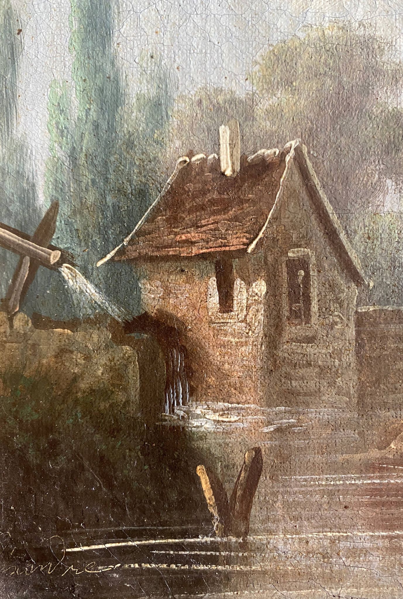 HST/P painting "Animated Barbizon landscape at the river" signed to be restored 19th century