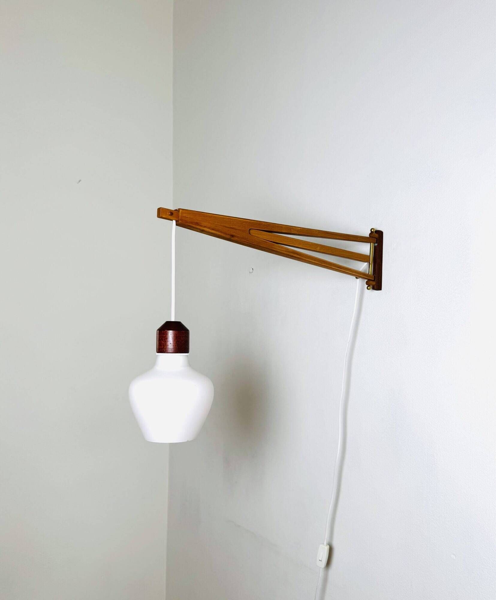 Large Extendable Swivel-Arm Wall Lamp In Wood And Opal Glass, Sweden 1950S