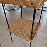 Table, harness with shelf - Rattan, wrought iron base - In the style of Raoul Guys - 1960