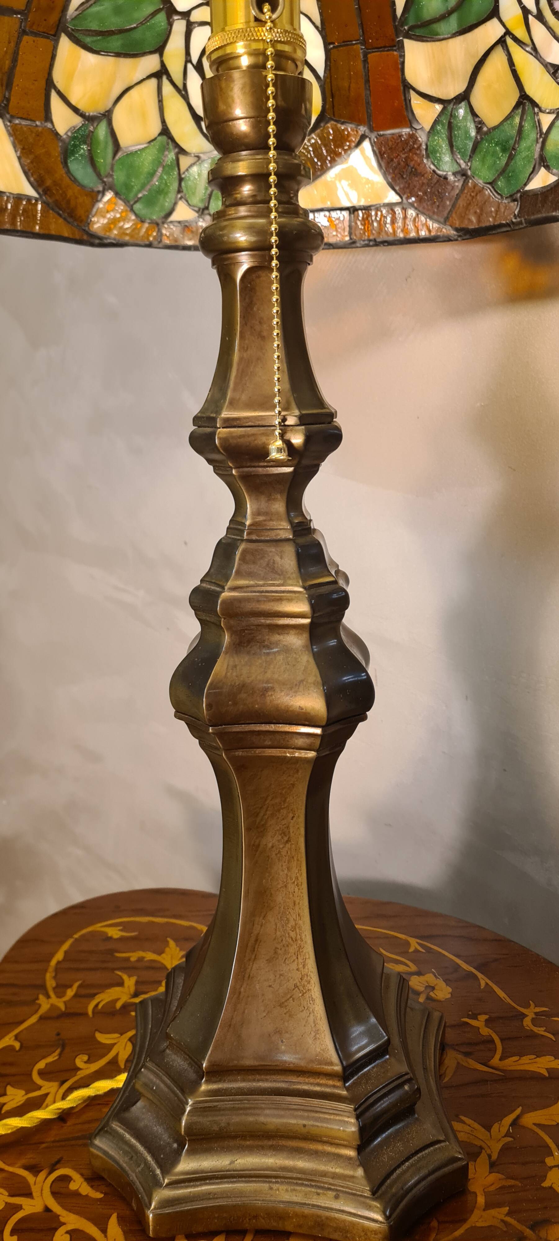 Large brass lamp, 1970, 6kg, restored electrical wiring, 67x47cm stained glass lampshade