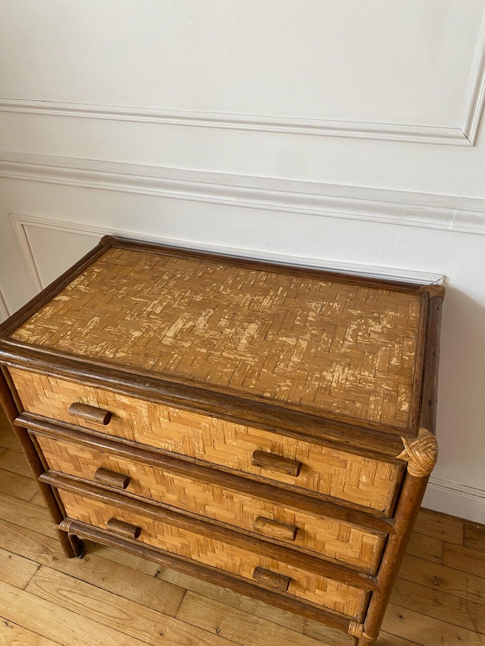 Rattan and vintage bamboo chest of drawers