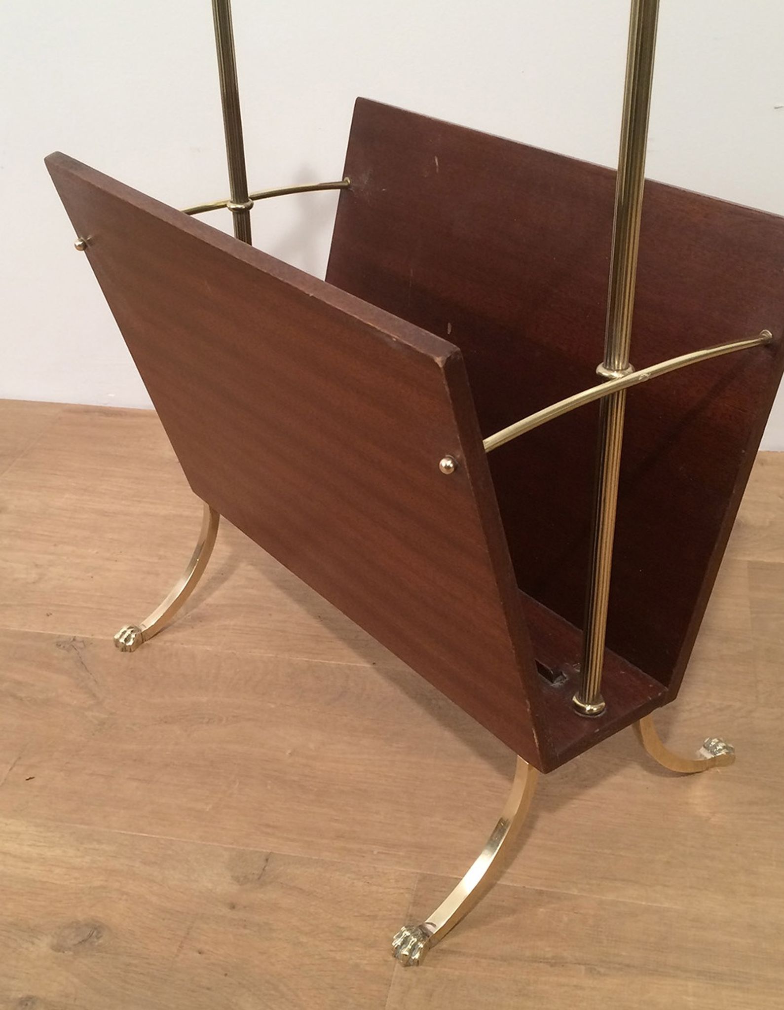 Neoclassical magazine rack in mahogany and brass