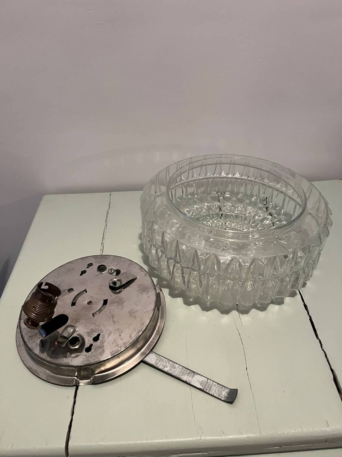 Vintage round molded glass ceiling light from the 70s