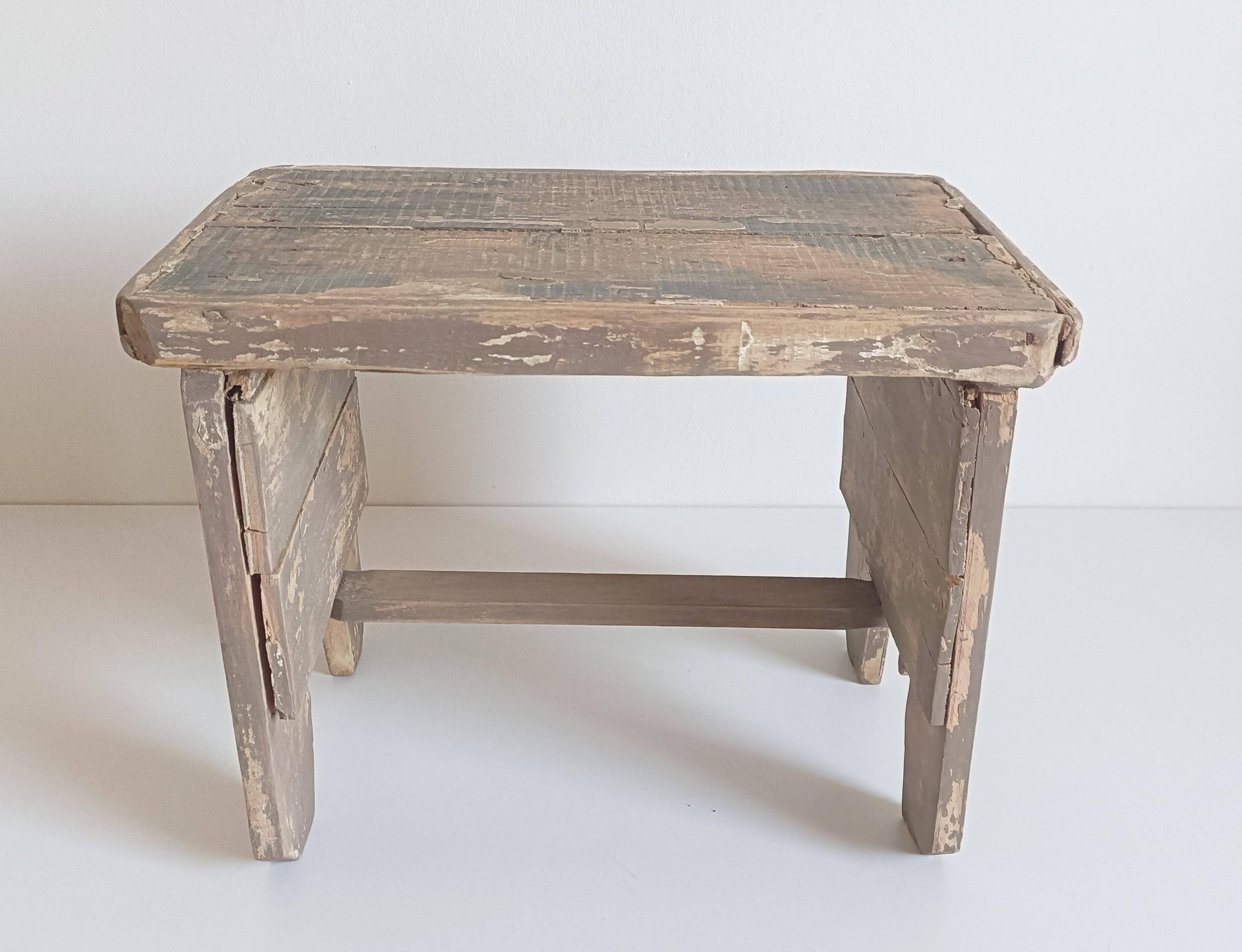 Rustic Weathered Wood Farm Stool/ Accent Table, Spain,  Early 20th-C