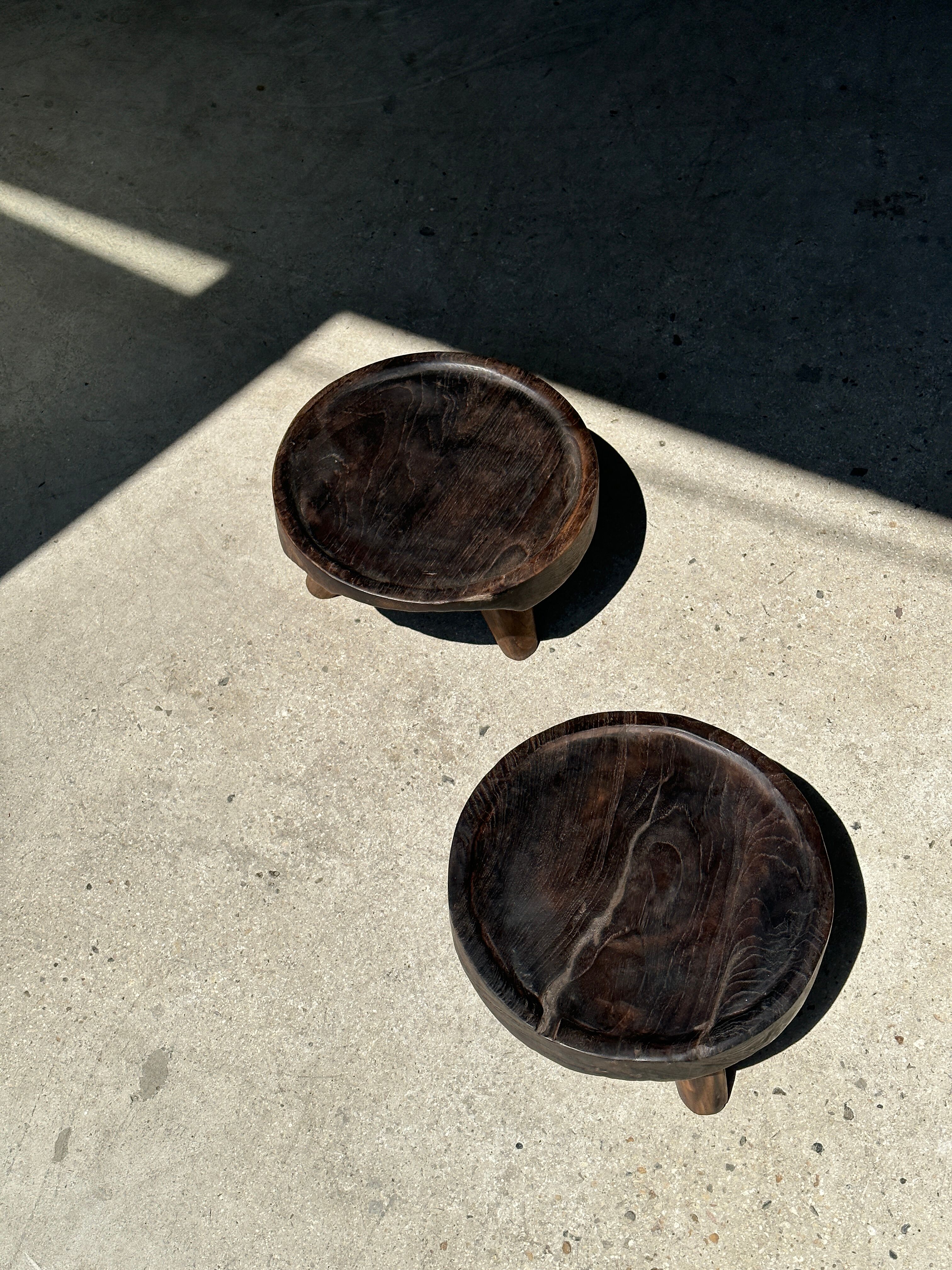 Small tripod stool low in dark brown upcycled teak