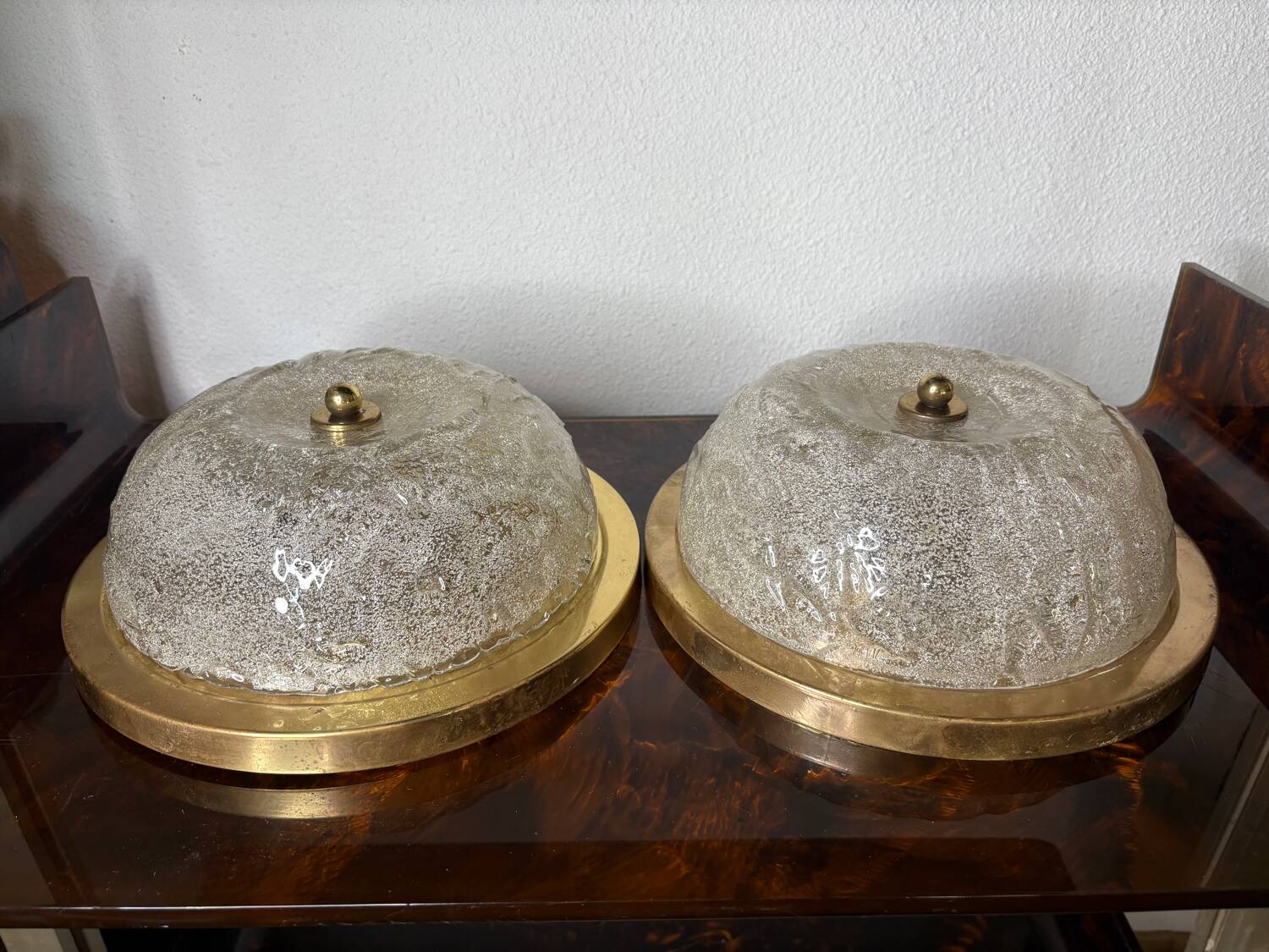 Pair of glass and gold brass ceiling lights, 1970s