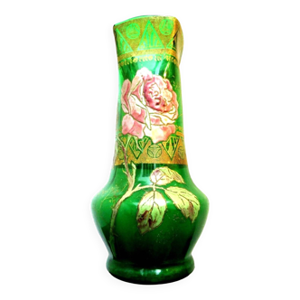 Vase legras à la rose, verre vert émaillé, col carré sérigraphié d'une dentelle dorée