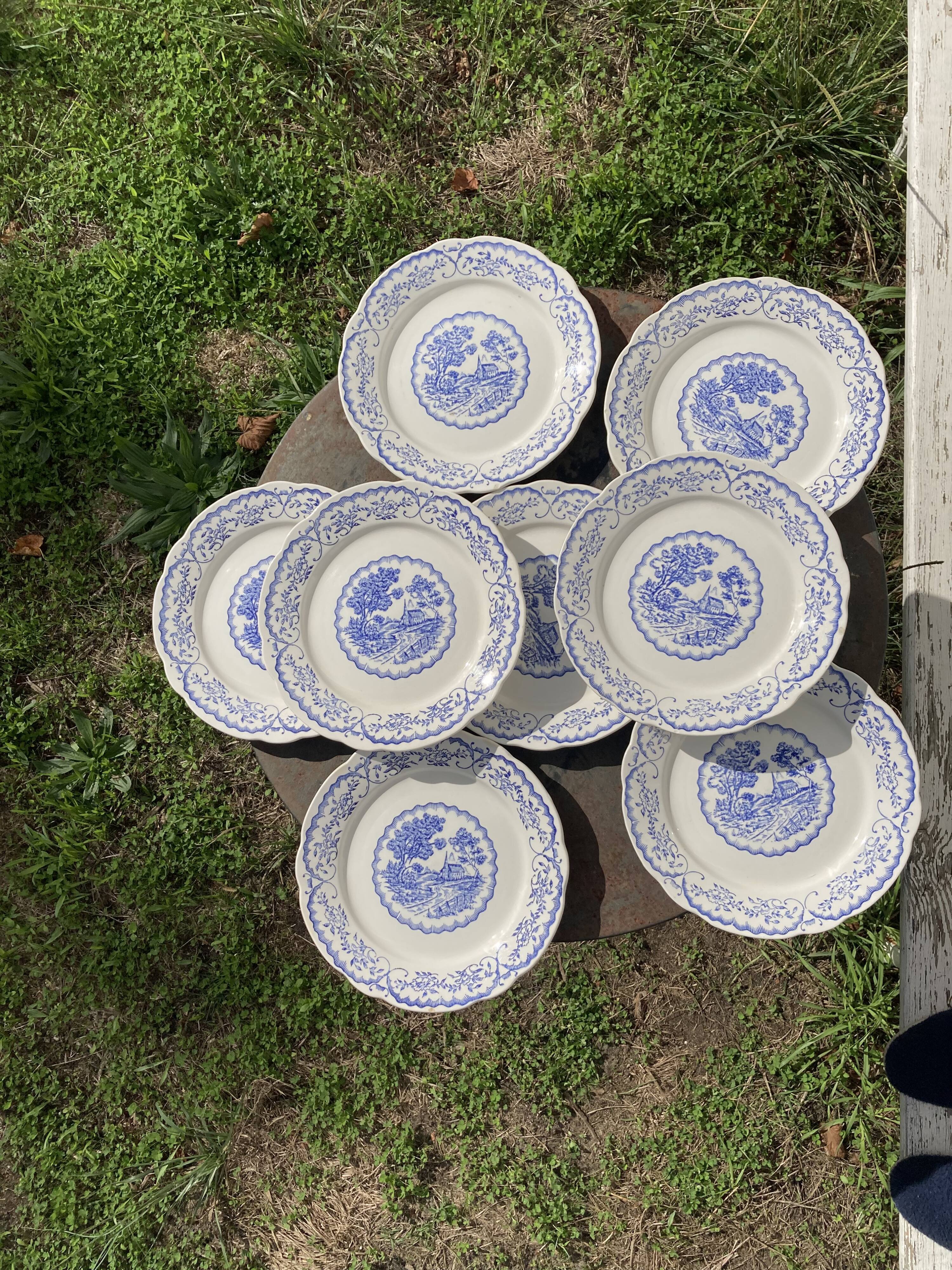 8 flat plates Digoin Sarreguemines blue and white vintage with countryside village décor