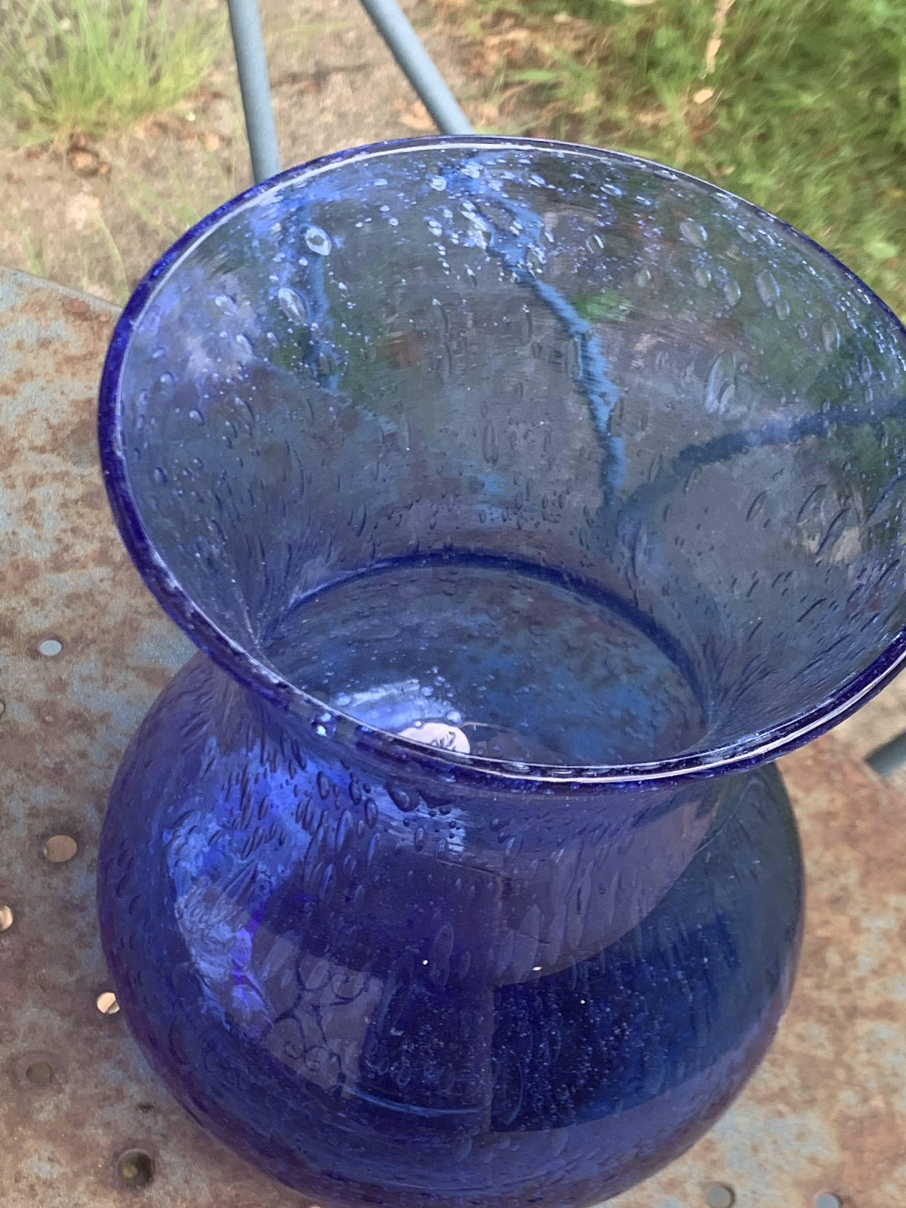 Roman vase in Persian blue blown glass, vintage Biot glassware