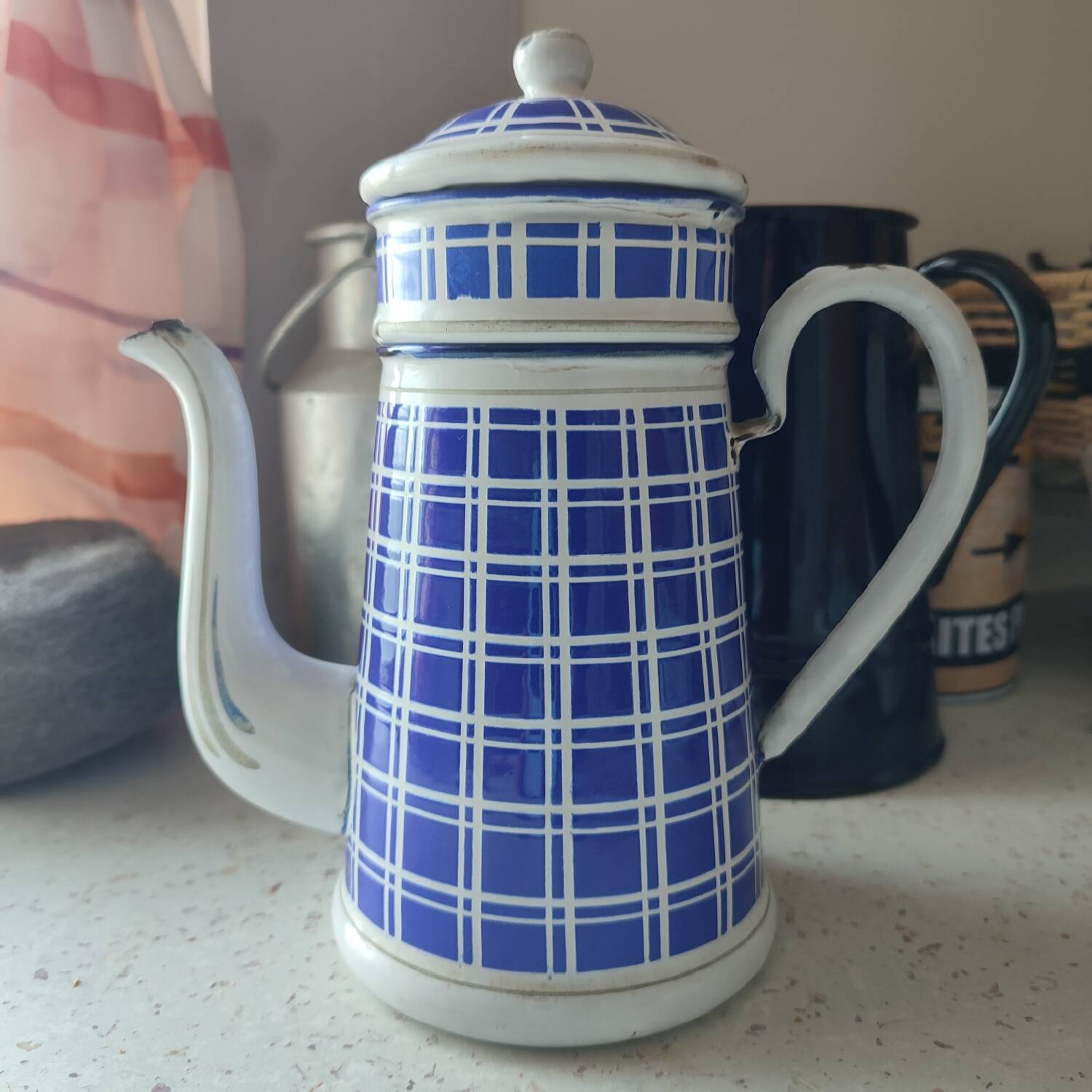 Antique BB Frères enamelled sheet metal coffee maker, Damier model