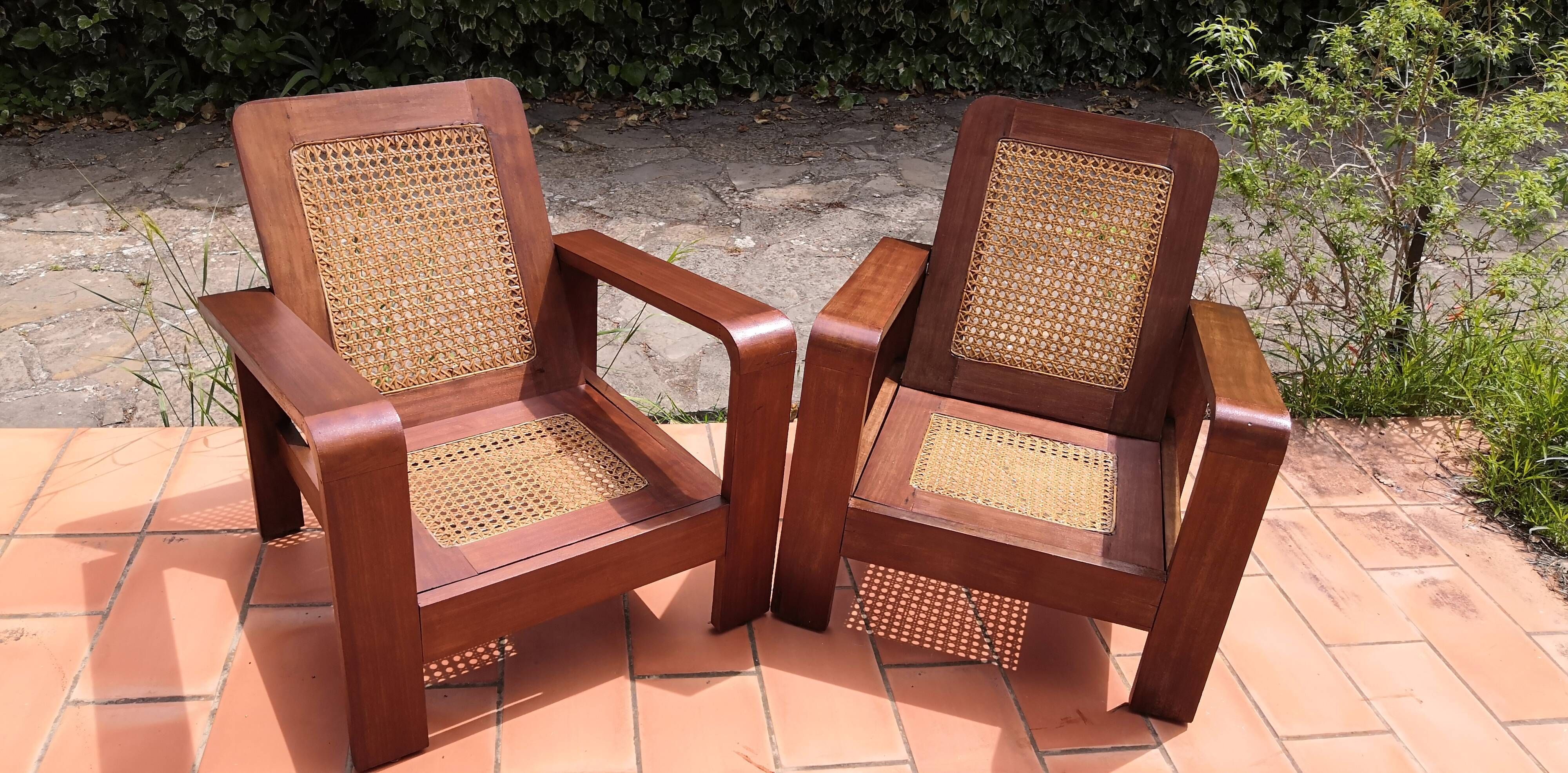 Pair of vintage rosewood and canning armchairs, Burma 1950