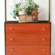 Commode vintage en teck marron avec garniture noire et boutons dorés, années 1960